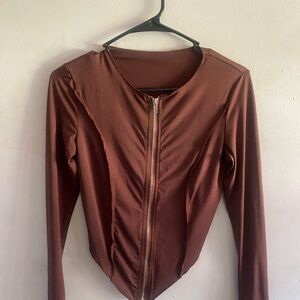 Women's Brown Long-Sleeve Zip-Front Top